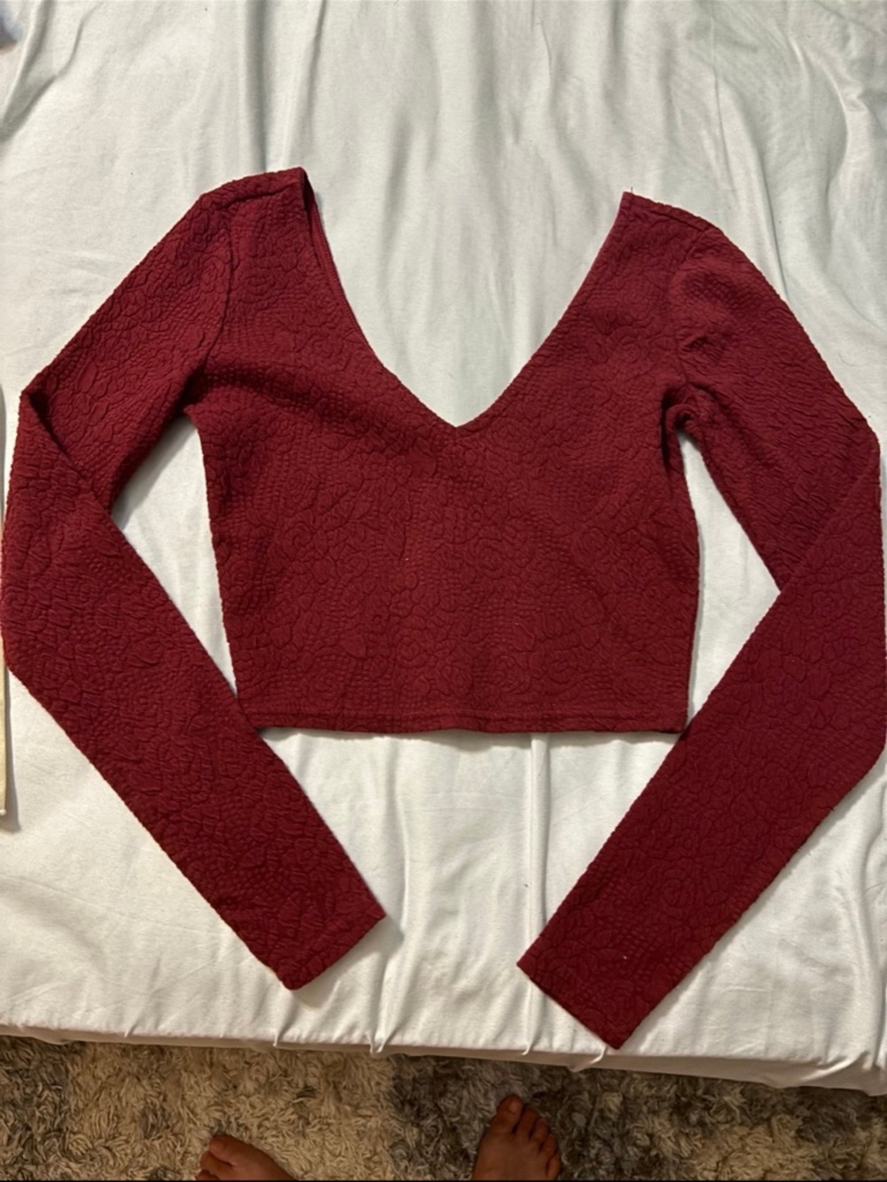 Plunging V-Neck Long Sleeve Crop Top in Deep Burgundy